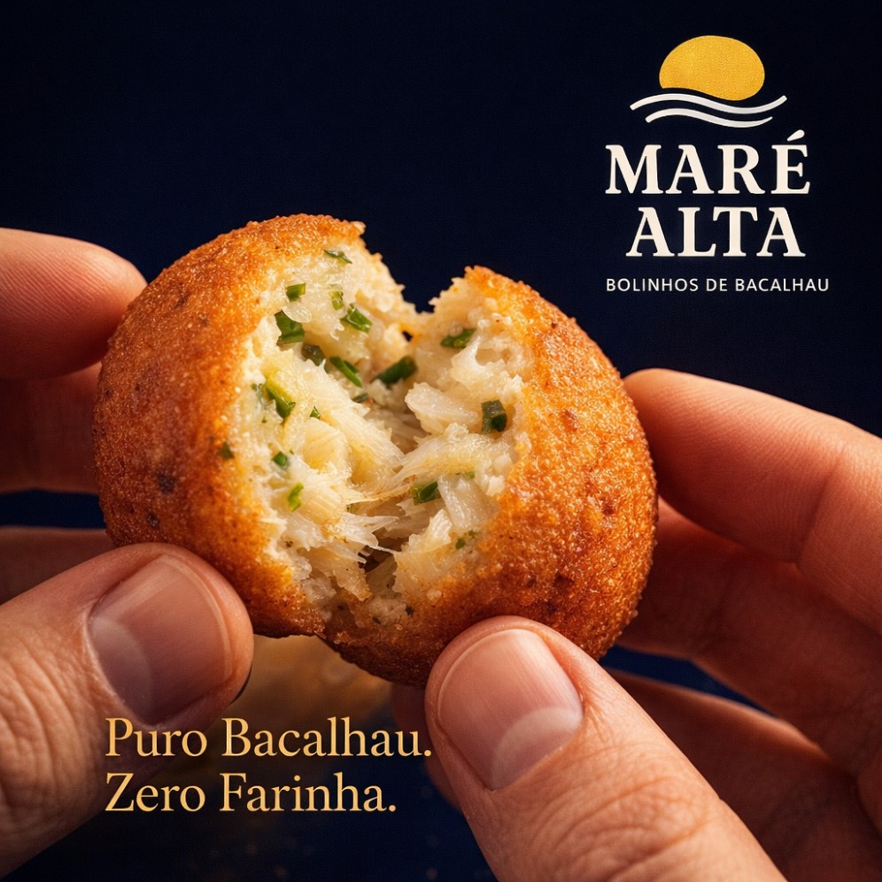 Bolinhos de bacalhau artesanais Maré Alta dourados e crocantes